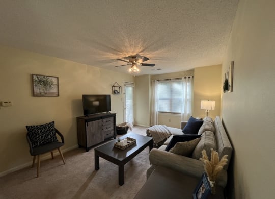 a living room with a couch coffee table and tv at Monroeville Apartments, Monroeville, 15146