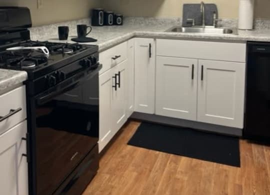 a kitchen with a stove a sink and a microwave at Monroeville Apartments, Monroeville