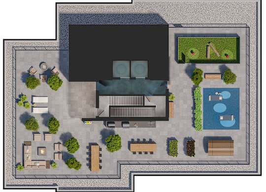 A top-down view of a rooftop area with fire pit, lounge, grills, dining table, sauna, yoga platform, and dog park.