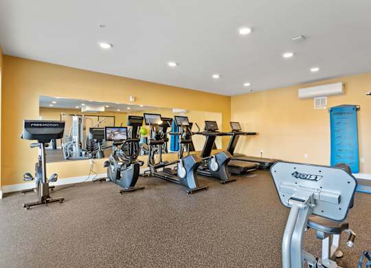 A gym with a variety of exercise equipment.