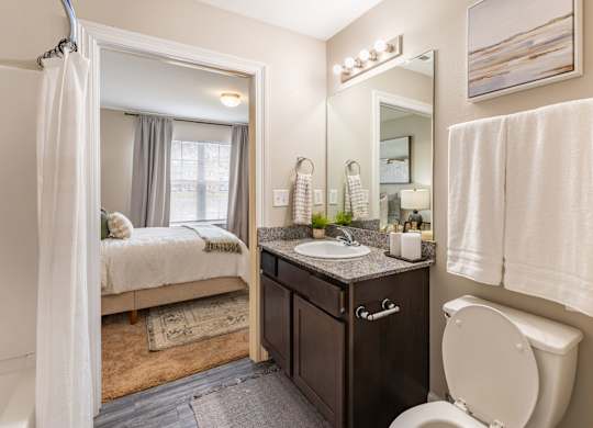 A bathroom with a toilet, sink, and mirror.