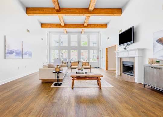 A living room with a fireplace and a television.