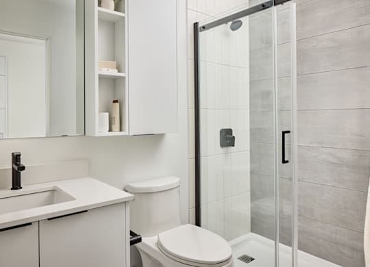 A white bathroom with a toilet, sink, and shower.