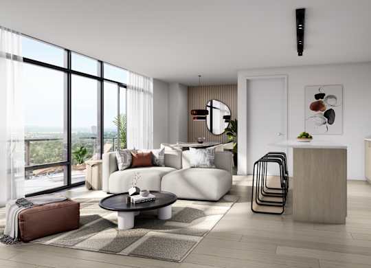 A modern living room with a large window overlooking the city.