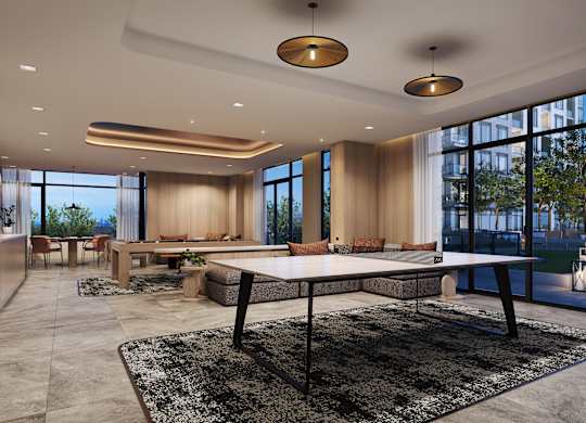 A modern dining room with a large table and chairs.
