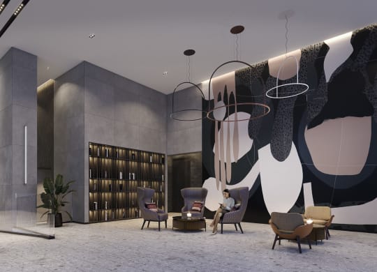 a rendering of a lobby with chairs and a chandelier