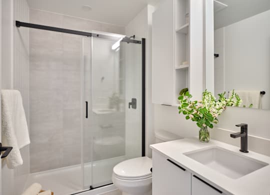 A white bathroom with a toilet, sink, and shower.