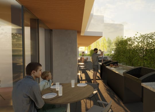 a rendering of a terrace with people sitting at a table
