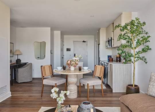 A living room with a dining table and chairs.
