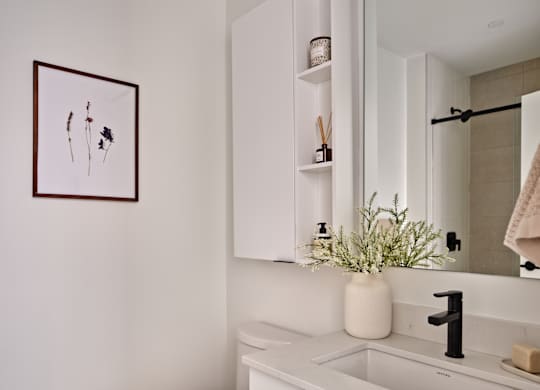 A white toilet sits next to a sink in a bathroom.