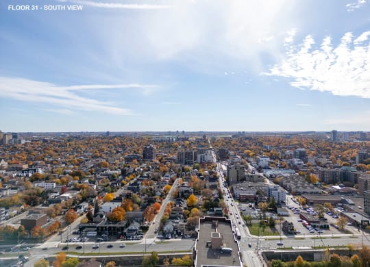 an aerial view of the city in the fall