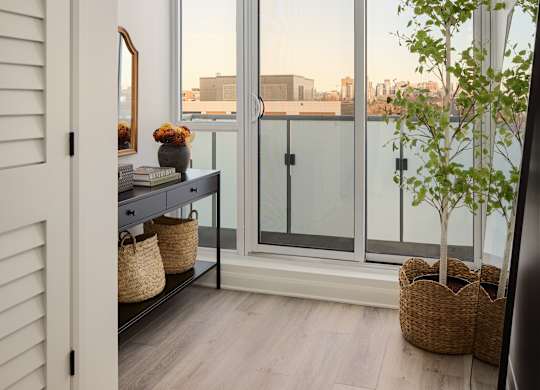 A room with a sliding glass door leading to a balcony with a tree in a pot.