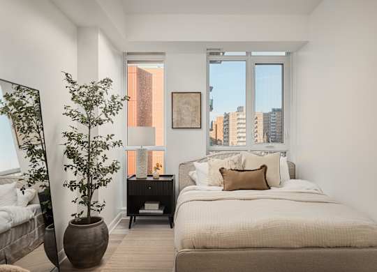 A bedroom with a large bed and a potted plant.