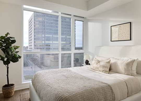 A bedroom with a large bed and a potted plant.