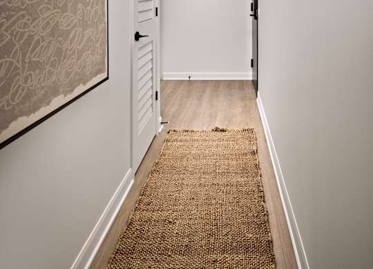 A hallway with a rug on the floor and a door on the right.