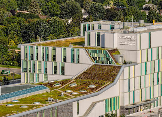 A modern building with a green roof and a sign that reads "Alcassis".