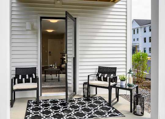 A black and white patterned rug sits in front of a glass door.