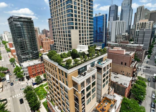 an aerial view of a city with trees on top of buildings at Chateau on Wells, Chicago, Illinois
