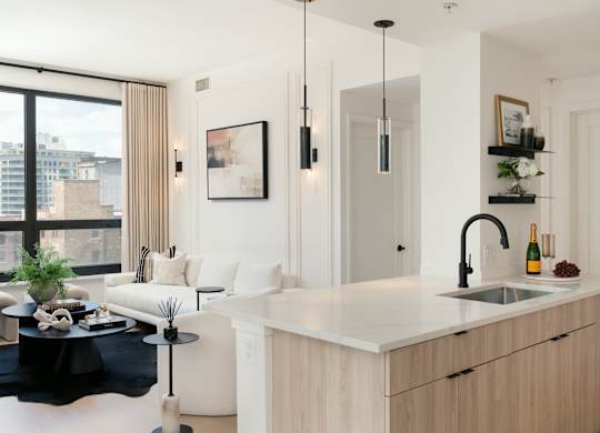 a kitchen with an island and a living room with a couch and a window at Chateau on Wells, Chicago, Illinois