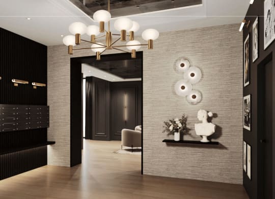 a hallway with a large mirror and a chandelier at Chateau on Wells, Chicago, Illinois