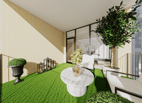 a living room with a green rug and a balcony at Chateau on Wells, Chicago