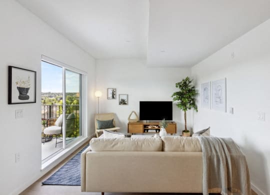 a living room with a couch and a tv and a sliding glass door