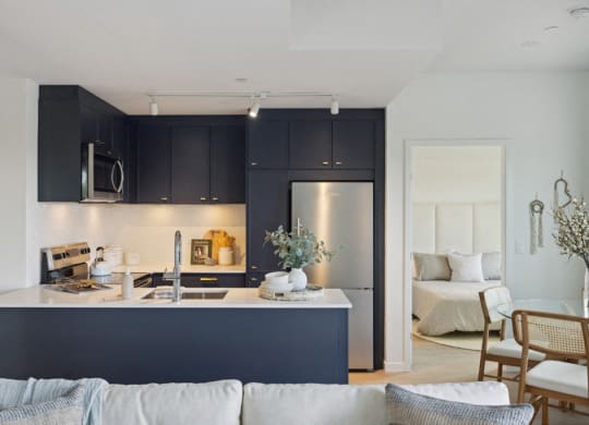 a kitchen and living room with black cabinets and a refrigerator