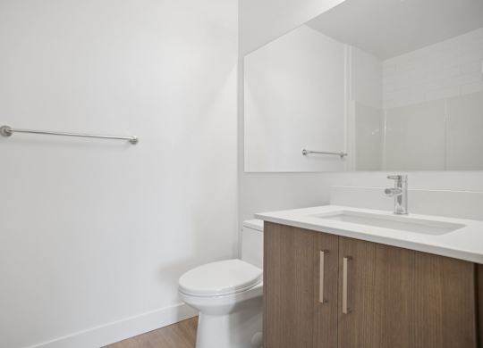 A white toilet sits next to a sink in a bathroom.