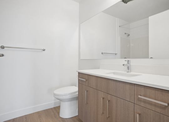 A white toilet sits next to a sink in a bathroom.