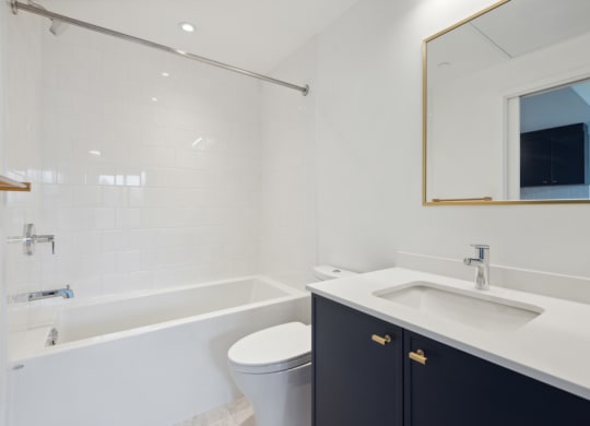 a bathroom with a sink and a tub and a mirror
