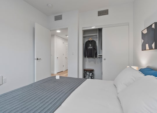 a bedroom with a large bed and white walls