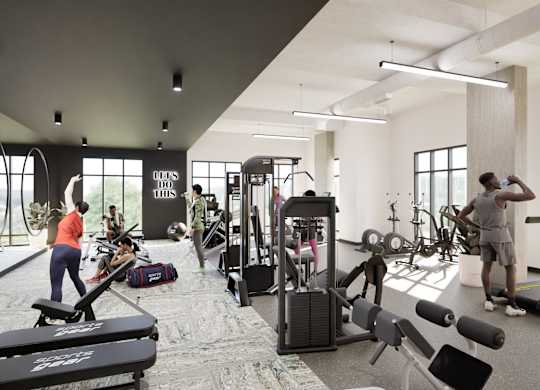 A gym with people working out and various exercise equipment.