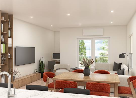 A modern living room with a wooden dining table and red chairs.