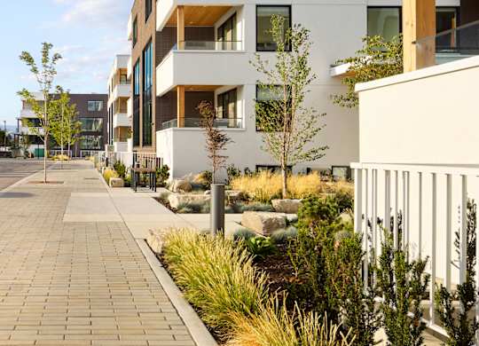 A modern building with a white facade and wooden accents.