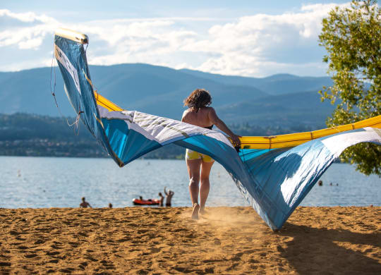 a woman holding a large kite on a beach