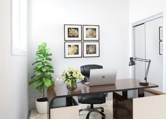 A white and black office with a laptop and a plant.
