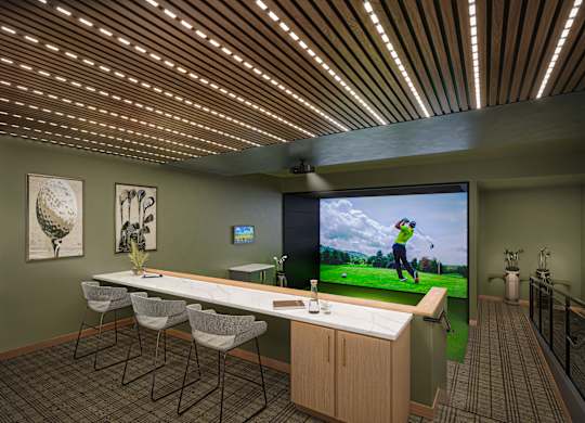 A room with a long table and chairs, a television, and a golf simulator.