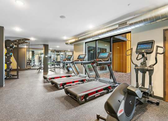 A gym with treadmills, elliptical machines, and other exercise equipment.