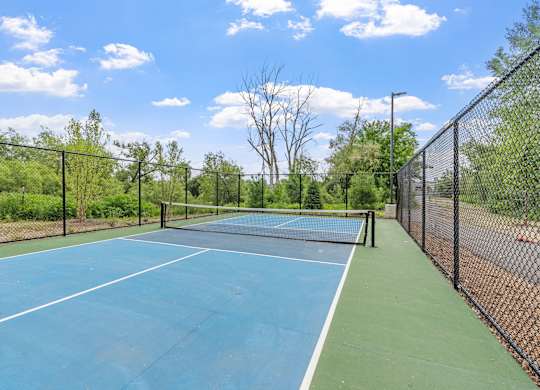 A tennis court surrounded by a fence and trees.