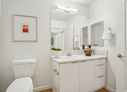 A white bathroom with a toilet, sink, and mirror.