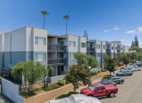 A row of modern houses with trees in front.