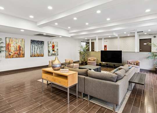 A living room with a grey couch, a wooden coffee table, and a TV.