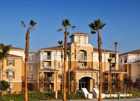 A large building with palm trees in front of it.
