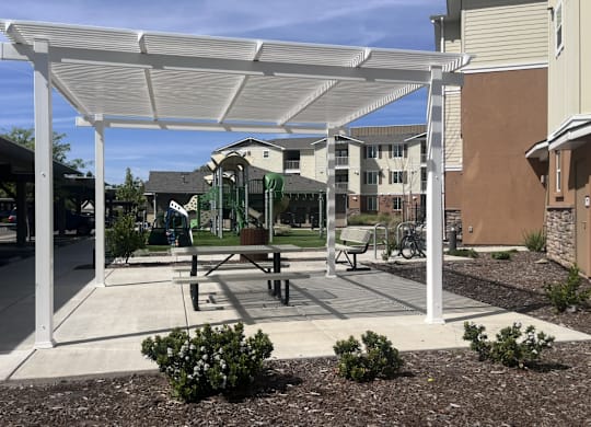 A white canopy structure is over a picnic table.