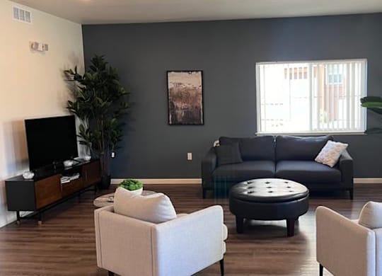 A living room with a black couch, a white chair, and a coffee table.