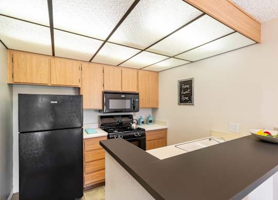 A black refrigerator is in a kitchen with wooden cabinets at Chaparral Apartments, Palmdale, CA, 93551