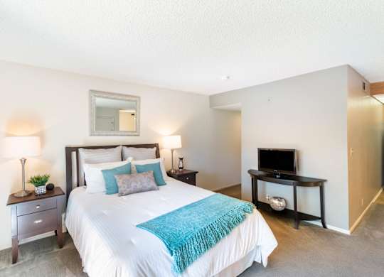 A bedroom with a large bed and a television at Chaparral Apartments, Palmdale, CA