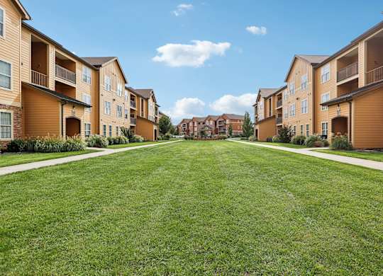 an empty lawn in front of a row of houses