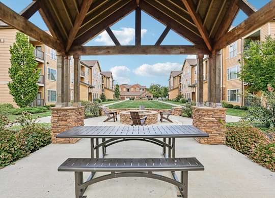 the outlook of a patio with a picnic table