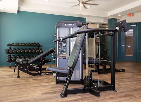 A gym with a variety of equipment including a Cybex machine.